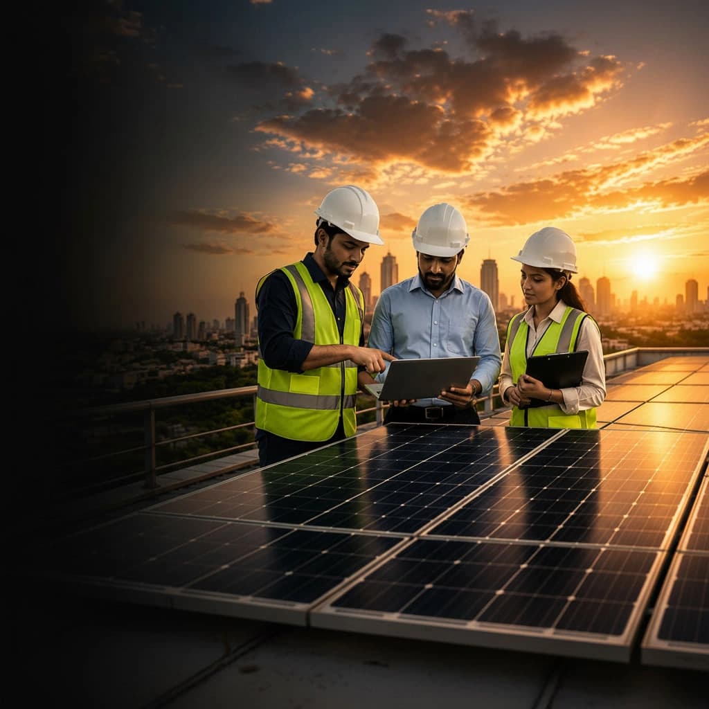 Solar panels on rooftop at sunset
